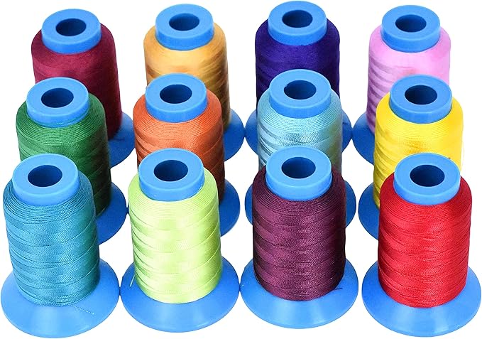 Mandala Crafts Bonded Nylon Thread 12 Assorted Vibrant Colors Heavy Duty Sewing Threads - 3600 YDs Size 69 210D T70 Tex 70 Thread for Leather Jeans Weaving Outdoor Marine Upholstery Threads