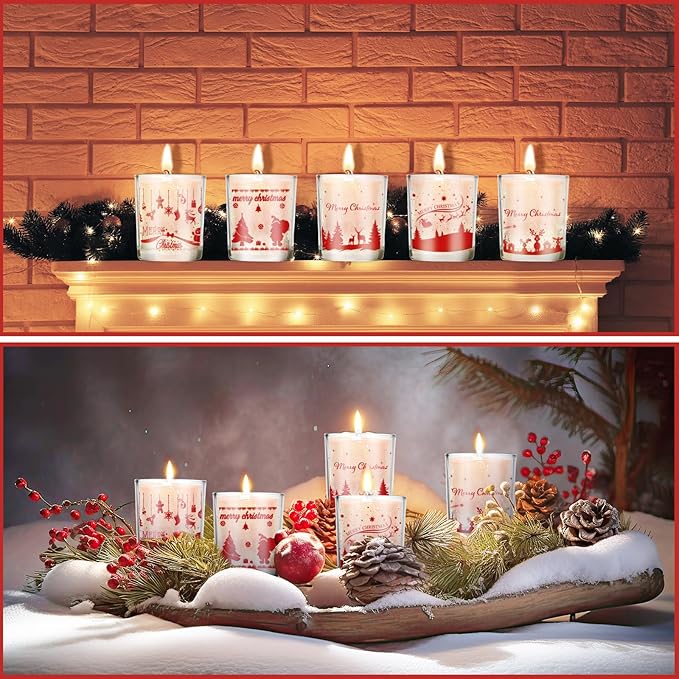 Ziliny 10 Pcs Christmas Glass Candle Jars Empty Containers Bulk 7 oz Glass Jars with Cork Lids Tins for Candle Making Storing Biscuits Tea Party Favors(Christmas)