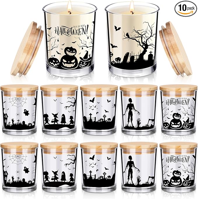 Ziliny 10 Pcs Halloween Village Glass Candle Jars Empty Containers Bulk 7 oz Halloween Glass Jars with Cork Lids Tins for Holiday Candle Making Storing Biscuits Tea Party Favors