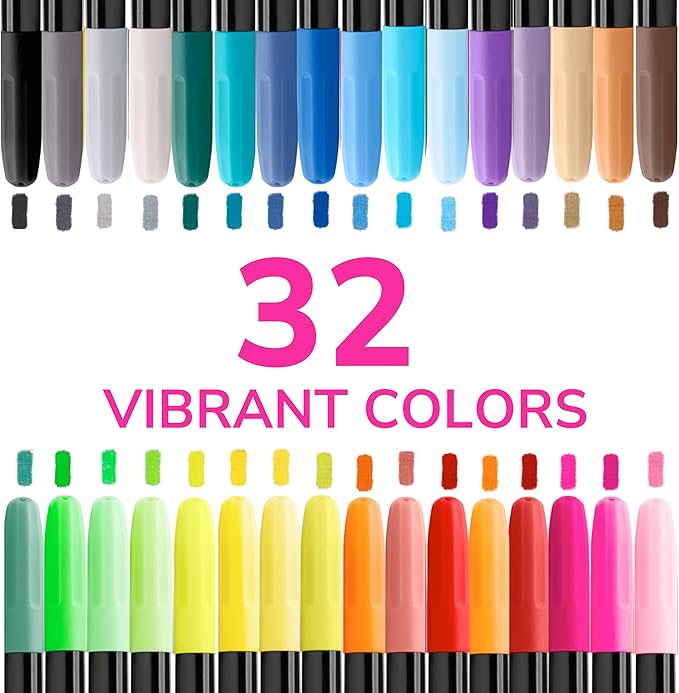 Zenacolor 32 Fabric Markers Pens - Non Toxic, Indelible and Permanent Fabric Paint Pens - Fine Point Tip Textile Marker Pen
