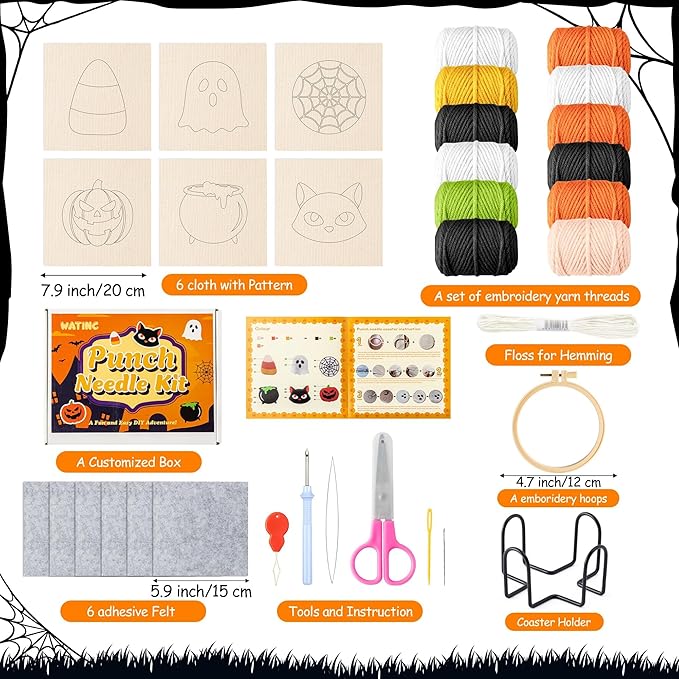 WATINC Christmas Punch Needle Coaster Kits - 23Pcs Easy Art Work Decor Craft Supply for Beginners, DIY Set of 6 Pattern Tufted Pads with Adhesive Felt Yarns Tools Coaster Holder Instruction (Orange)
