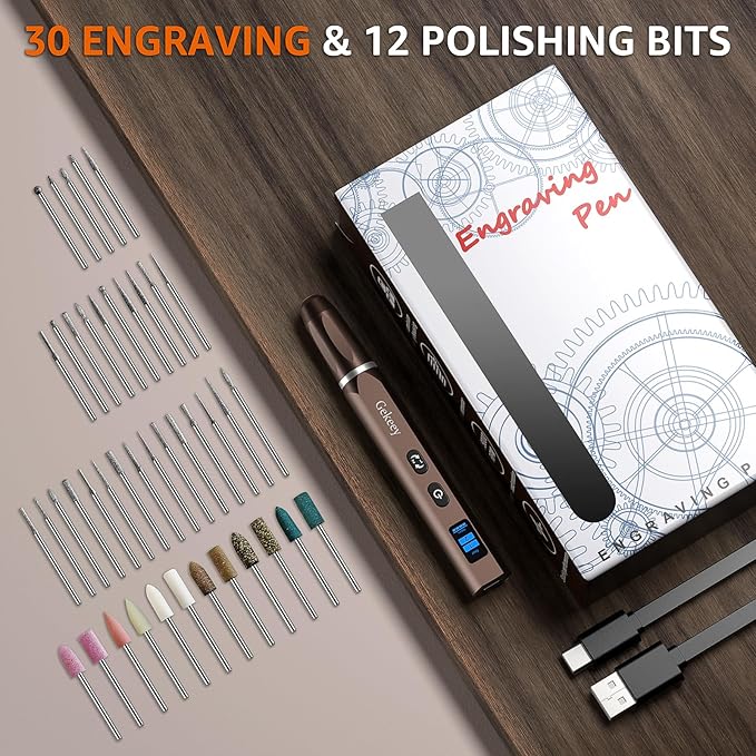Gekeey Electric Engraving Pen, Cordless Rechargeable Mini Rotary Tool with 42 Bits, Aluminum Body, Variable Speed, Portable Engraver Pen for Metal Wood Glass and Plastic, Brown