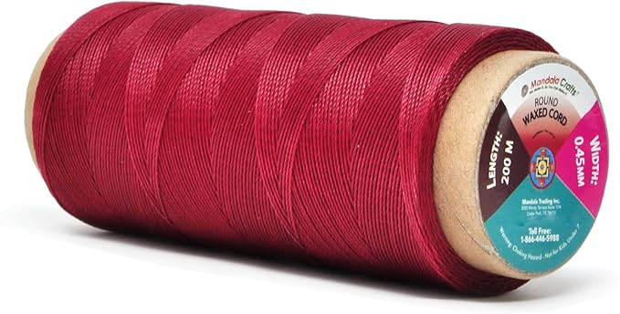 Mandala Crafts Dark Red Round Waxed Thread for Leather Sewing - 219 Yds 200M 0.45mm Polyester Leather Thread String Waxed Cord for Leatherwork, Beading, Bookbinding, Hand Stitching