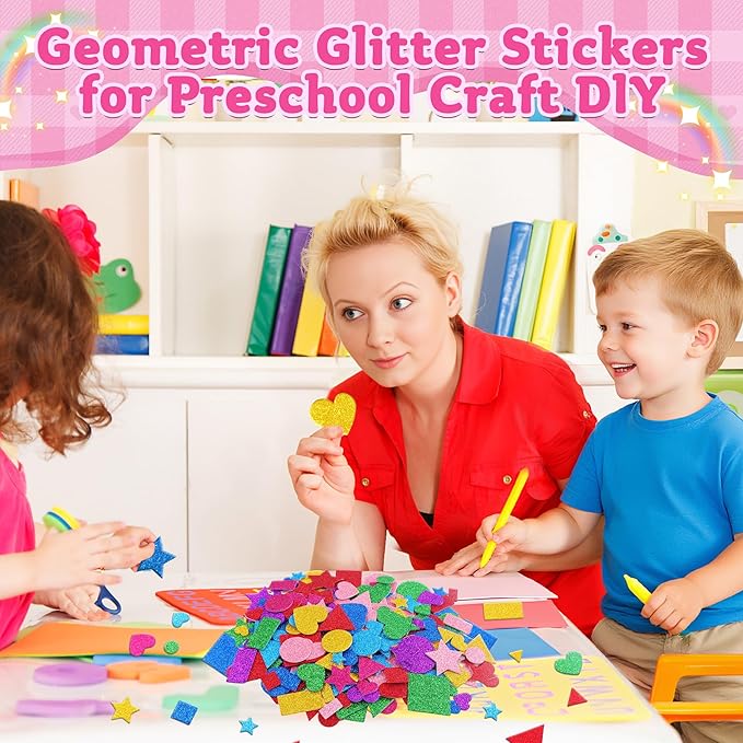 1000 Pcs Foam Stickers Glitter Shape Stickers Colorful Heart Stars Circle Sticker Self Adhesive Geometric Sticker for Kids Crafts Supplies Preschool DIY Art Project Scrapbooking Home Decor(Geometric)