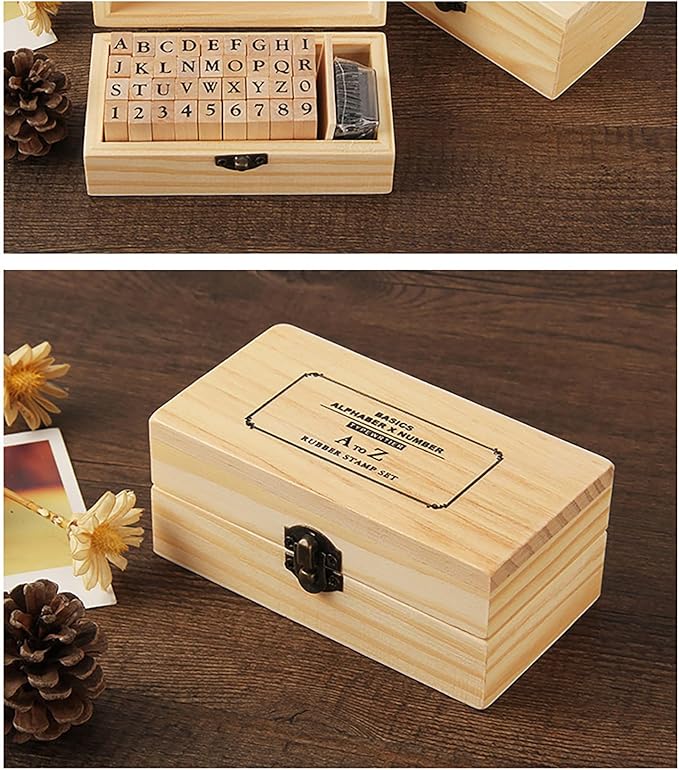 36Pcs Wooden Rubber Stamps Number Letter Alphabet Stamps Mini Cute DIY Stamps Set for Craft Decorating Scrapbooking and Wedding Invitation Cards (36pcs A)