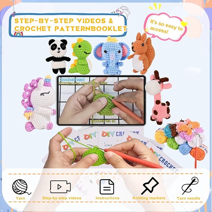 Alutaba 6Pcs Crochet Kit for Beginners, Crochet Animal Kits for Adults with Step by Step Videos Tutorials, Knitting Kit for Crochet Lovers Great Birthday Holiday Gift, DIY Keychain Pendants