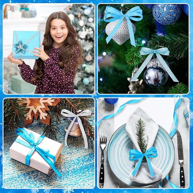 DECYOOL Winter Ribbons, 4 Rolls 100 Yards Christmas Satin Ribbons for Gift Wrapping, 10mm Wide Xmas Winter Holiday Craft Ribbon for DIY Crafts and Christmas Tree Wreaths Decoration (Blue, Silver)