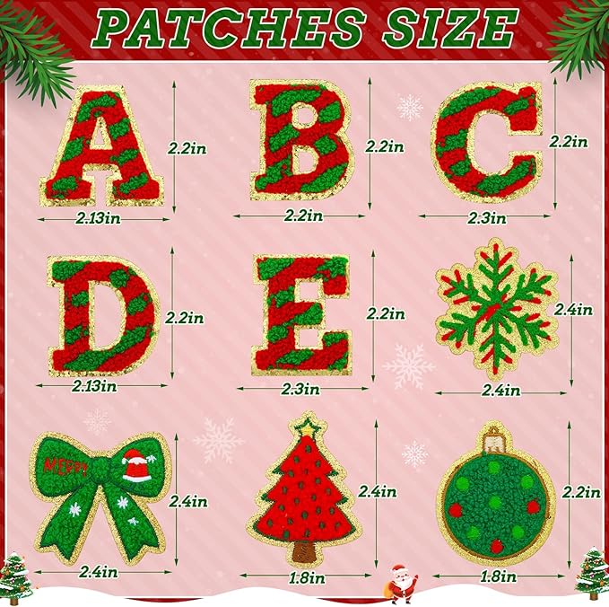 68 Pcs Christmas Patches Red and Green Striped Chenille Letters Patches Self Adhesive Embroidered,Include 52 A-Z Letters Patch,16 Snowflake Christmas Ball Tree Bows Patch Stickers