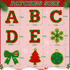 68 Pcs Christmas Patches Red and Green Striped Chenille Letters Patches Self Adhesive Embroidered,Include 52 A-Z Letters Patch,16 Snowflake Christmas Ball Tree Bows Patch Stickers