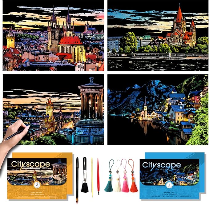 Scratch Art for Adults-Scratch Painting Craft Kit (4 Sheets 16x11 in)|Foil Engraving Art Set|Stress Relief Gift for Travel Lovers,Craft Lovers|Creative Scratch Art Home Decor(City Scape 1)