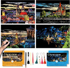 Scratch Art for Adults-Scratch Painting Craft Kit (4 Sheets 16x11 in)|Foil Engraving Art Set|Stress Relief Gift for Travel Lovers,Craft Lovers|Creative Scratch Art Home Decor(City Scape 1)