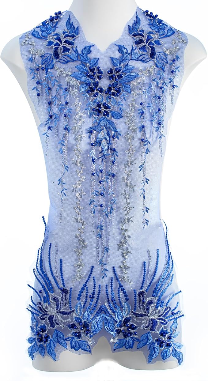 Beaded Pearl Flower Fabric Lace Applique, Floral Embroidered Patches Handmade Sewing Tool for DIY Neckline Bodice Wedding Bridal Prom Dress(Blue-Large)