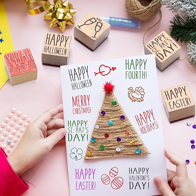 18 Pcs All Holiday Wood Stamps Set Wooden Rubber Holiday Stamps for Card Making Decoration and Scrapbooking Supplies