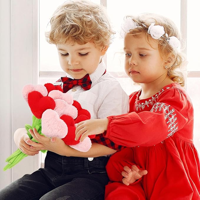 10 Pcs Plush Heart Flower Stuffed Bendable Stems Plush Bouquet Toy Soft Rose Flower 12.6 Inch for Christmas 2025 Mother's Day Girl Girlfriend Wife(Red and Pink Heart)