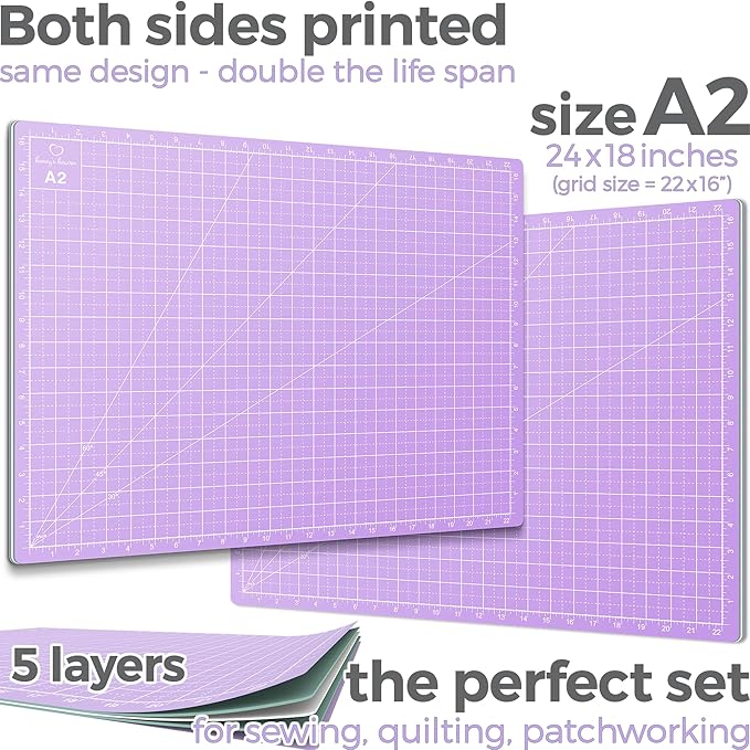 Rotary Cutter Set lavender - Quilting Kit incl. 45mm Rotary Cutter, 5 Replacement Blades, A2 Cutting Mat, Acrylic Ruler and Craft Clips - Ideal for Crafting, Sewing, Patchworking, Crochet & Knitting