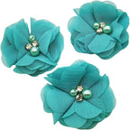 10 PC Blue Rhinestone Pearl Lace Petal Fabric Flowers Sewing Applique, 2.3 Inch