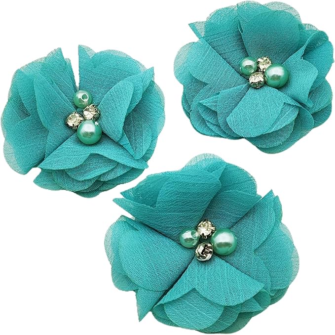 10 PC Blue Rhinestone Pearl Lace Petal Fabric Flowers Sewing Applique, 2.3 Inch