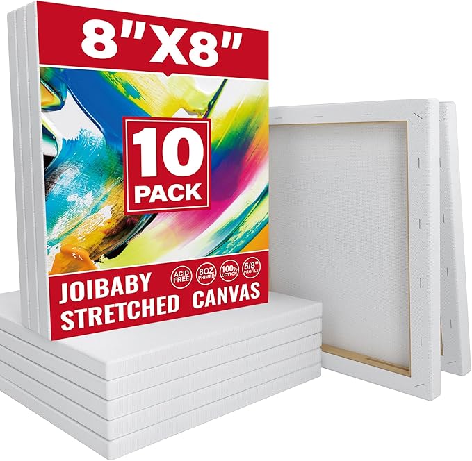 Stretched Canvas for Painting,10Pack 8X8 Inch Stretched White Blank Canvas,8 Oz Triple Primed 5/8" Profile Stretched Canvases,100% Cotton,Canvas for Painting, for Acrylics, Oils