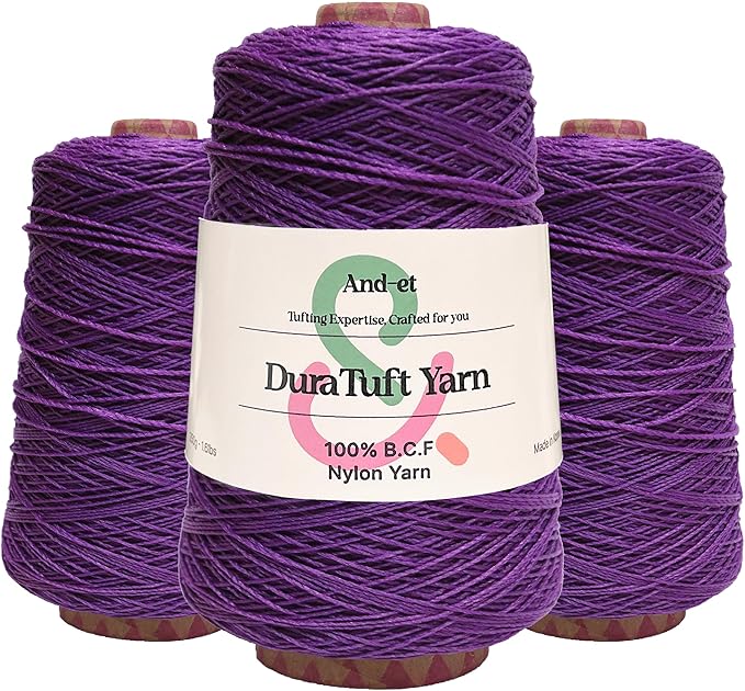 And-et DuraTuft Yarn 45 Vibrant Colors Tufting Nylon Yarn Pack - Ideal for Crochet, Craft Projects -100% B.C.F. - 3 Cones x 1.66lbs -180yards -Perfect for Rug Weaving and Knitting (26 Deep Purple)