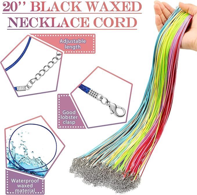 Tudomro 100 Pieces 20 Inch Waxed Leather Necklace Cord Bulk with Clasp Colorful Necklace Bracelet Chains String Rope Cord for Jewelry Making Pendants Charms(Rainbow Color)