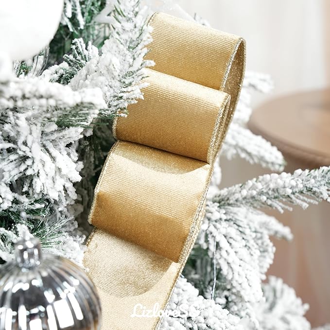 Khaki Velvet Wired Ribbon with Glitter Back 2.5 Inch Gold Christmas Ribbon Wired Reversible Ribbon for Christmas Tree Decorations, Gift Wrapping, Crafts, Wreaths Supplies, Bows (10 Yards)