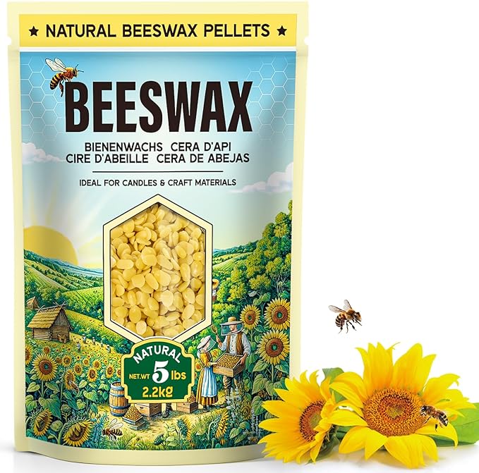 Beeswax Pellets for Candle Making – 5lb/10lb/20lb – Natural Beeswax for Candles, Lip Balms, and Skincare – Yellow Beeswax for DIY Projects – Ideal for Beginners and Experts（5lb）