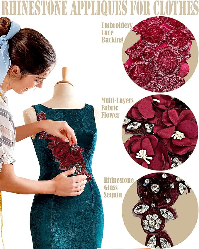 1pc Handmade Rhinestone Applique for Clothes, 3D Flower Fabric Patches for Wedding Dress, Bling Beaded Embroidery Lace Applique for Hat Hairband Sewing Embellishment (Deep Blue)