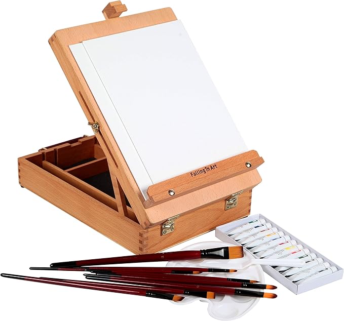 Falling in Art Beechwood Easel Box Set, 27 Pcs Tabletop Acrylic Paint Set, Portable Display Easel Stand with 12 Acrylic Paints, Canvas Panels and Brushes, Suitable for Beginners and Professionals