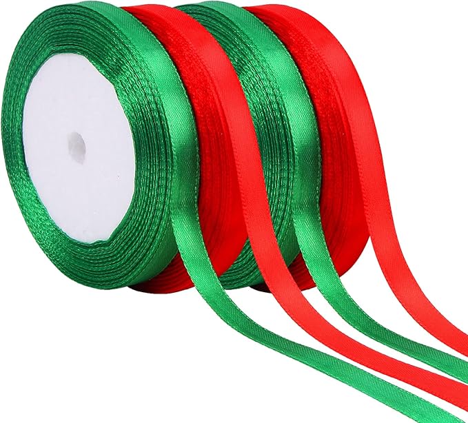 DECYOOL Christmas Ribbons, 4 Rolls 100 Yards 10mm Wide Holiday Satin Ribbons for Gift Wrapping and DIY Craft Christmas Party Home Decorations, Red & Green