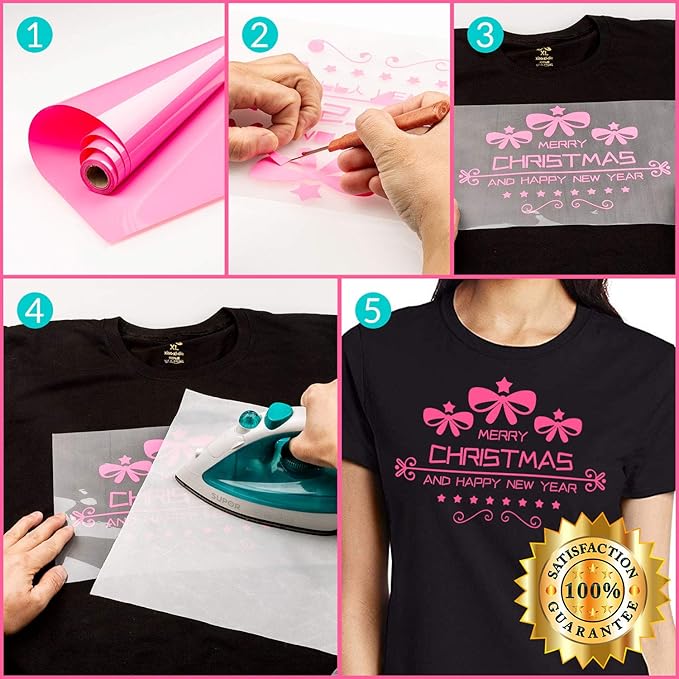 HTV Pink Heat Transfer Vinyl Rolls 12 Inch by 8feet Roll HTV Iron on Vinyl DIY for T-Shirt Easy to Cut & Weed for Heat Vinyl Design Glossy (8Ft, Pink)