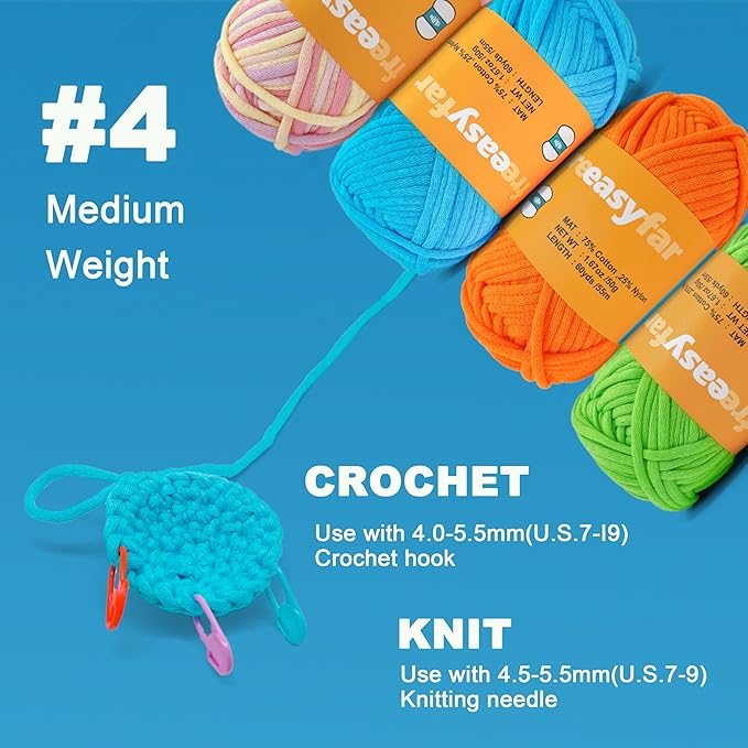 4x50g/4x60yds Cotton Blend Yarn for Crocheting and Knitting; Easy Beginner Yarn kit with Tool Set (Macaron+Orange+Blue+Green, 4 Skein)