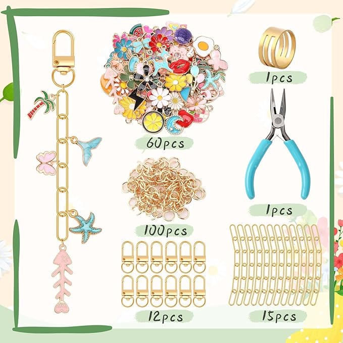 AUGSUN 189Pcs Keychain Making Kit, Charm Jewelry Chain Making Crafts Including 60 Charms 12 Keychain Clips Hooks 15 Extender Chains 100 Jump Ring and Jewelry Plier for Crafts Accessories