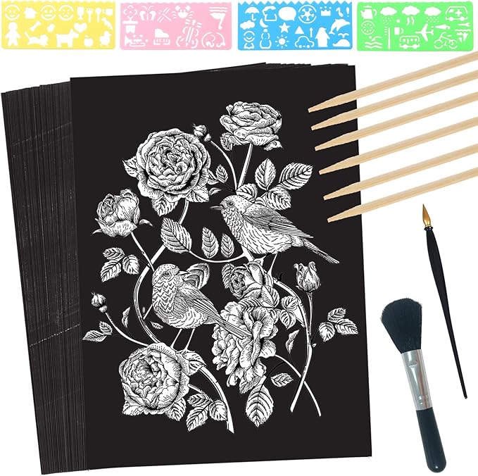 ZOCONE Scratch Paper Art Set, 50 Sheets 8x11in Black Coated Scratchboard Large Scratch Paper with Wooden Styluses and Stencils, DIY Scratch Painting Art Paper for Kids Adults Birthday Christmas Gift