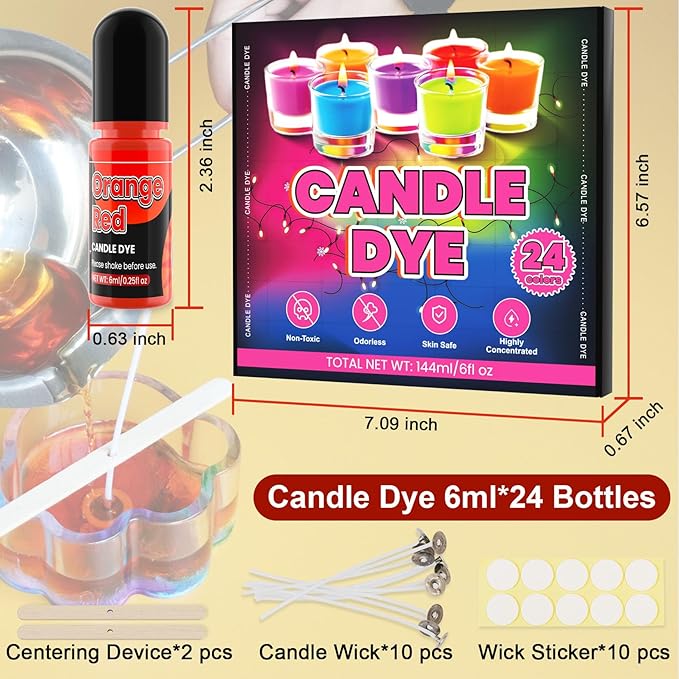 Candle Dye - 24 Colors Liquid Candle Dyes for Candle Making – Oil-Based Highly Concentrated Candle Color Dye for Soy Wax, Beeswax & Gel Wax, Non-Toxic, for DIY Candle Making Supplies, Each 6ml/0.25 oz