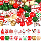Huwena 200 Pcs Christmas Wooden Beads Red Green White Xmas Snowflake Polished Spacer Bead Santa Stocking Deer Snowman Round Bead for DIY Crafts Garland Jewelry Making