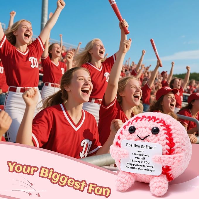 Mini Funny Positive Softball Gifts for Girls, Knitted Wool Softball Crochet Toy with Positive Card, Creative Cute Emotional Support Cheer Up Keepsake Gift for Kids Girls Women Friends Sister College