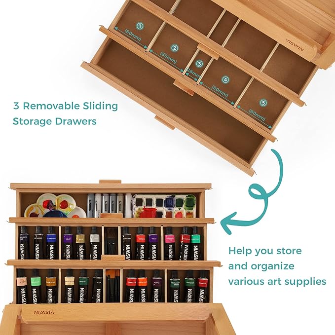 VISWIN Large Tabletop Easel with 3 Storage Drawers, Adjustable Beech Wood Table Top Easel for Painting, Portable Sketch Box for Art Supplies, Desktop Travel Art Easel for Adults, Artists, Students