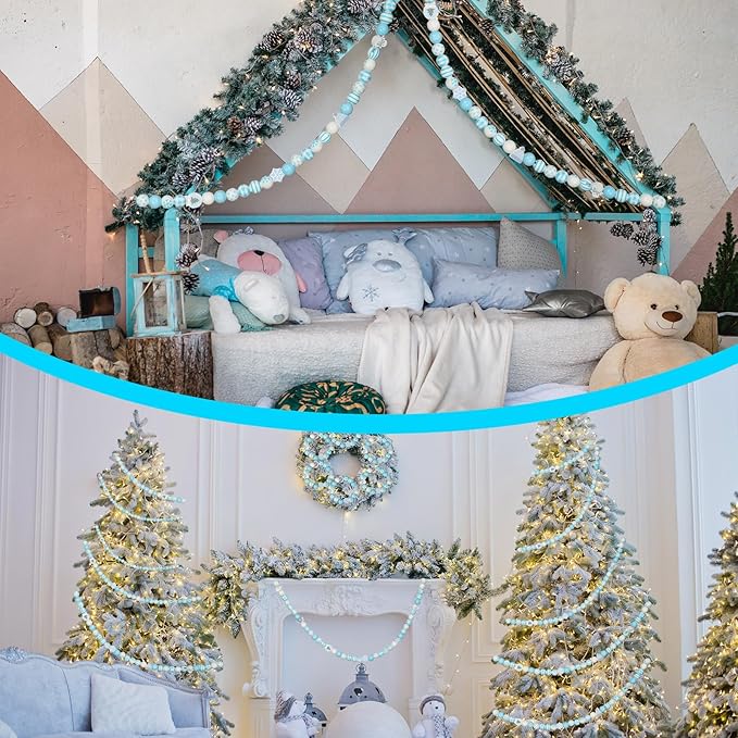 Huwena 200 Pcs Winter Wooden Snowflake Craft Beads Blue White Snowman Round Loose Spacer Beads with Holes for Christmas Winter Necklace Earring Jewelry Making Crafts DIY