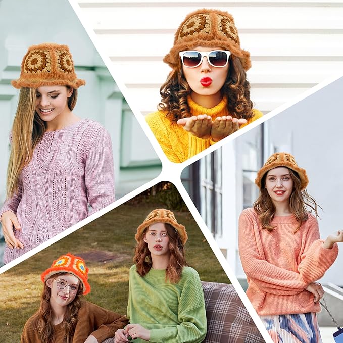 Noocro Crochet Kit for Beginners or Intermediate Level, Fuzzy Granny Square Bucket Hat, Step by Step Video Tutorial, Detailed Instruction Complete Kit Craft Supplies Holiday Gift