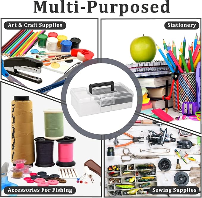 JUXYES 2 Pack Plastic Carry Storage Box with Removable Dividers, Clear Art Craft Supply Storage Bin Sewing Box with Handle Lid, 2 Layers Stationery Storage Case for School/Office Supplies Black