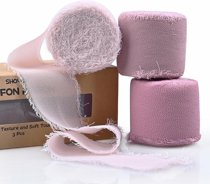 3 Rolls Dusty Rose Handmade Fringe Chiffon Ribbon 1.5 Inch x 7 Yard Silk-Like Colorful Rustic Ribbon for Bouquets Wrapping Decor Wedding Invitation Accessories