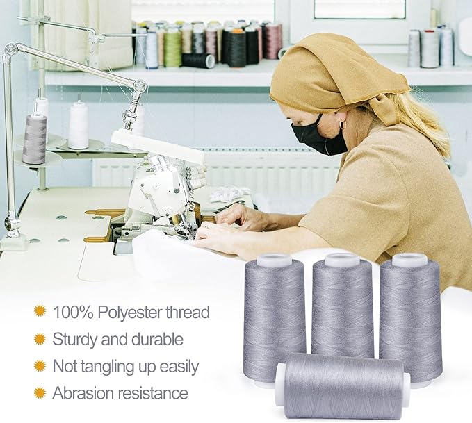 ilauke 3000 Yards Serger Thread of 4 Cones Each Spool 100% Polyester Sewing Thread All Purpose Sewing Thread for Serger Sewing Machine, Overlock Cone Sewing Supplies, 40S/2 Grey