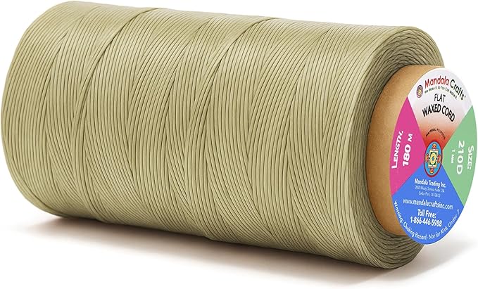 Mandala Crafts Beige Flat Waxed Thread for Leather Sewing - 197 Yds 210D 1mm Polyester Leather Thread String Waxed Cord for Leatherwork, Beading, Bookbinding, Hand Stitching