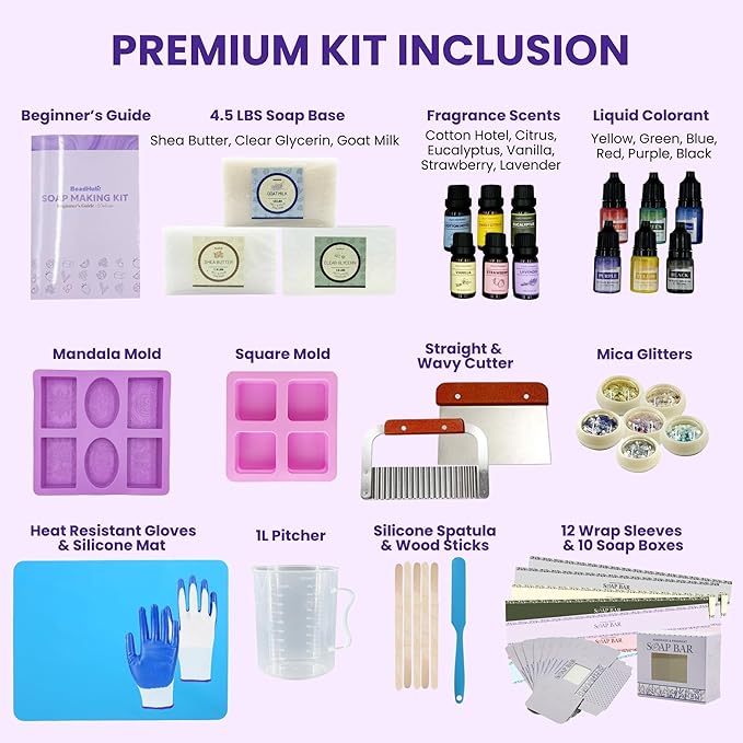 Soap Making Kit for Beginners | 4.5LBS Melt & Pour Soap Base - Shea Butter, Clear Glycerin & Goat Milk, All-in-one Soap Kit w/Molds Fragrances Colors Soap Making Tools & Supplies for Adults (Premium)