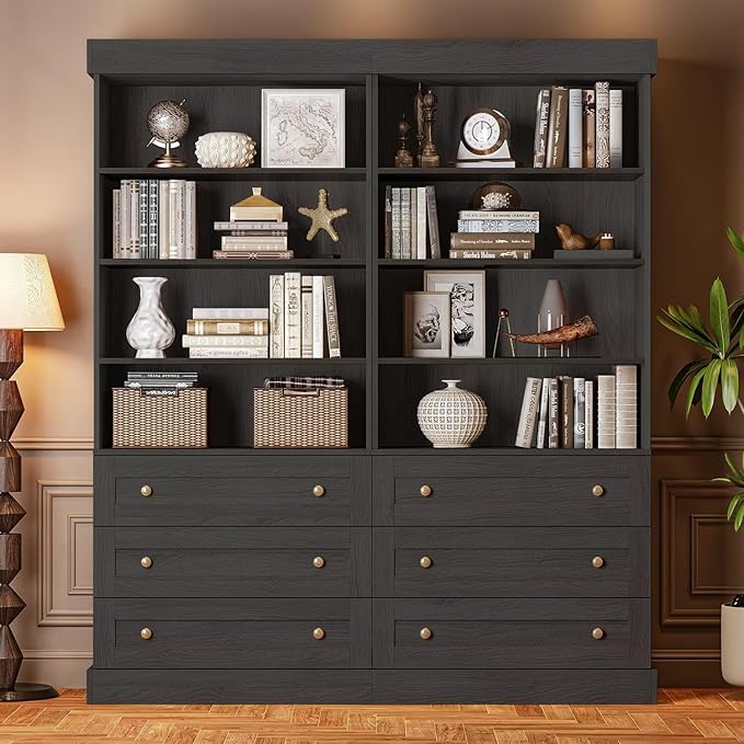 Vyre 71" Tall Farmhouse Bookshelves with Drawers, Large Modular Bookcase with Adjustable Shelves, Storage Cabinet for Living Room, Kitchen, Home Office, Black