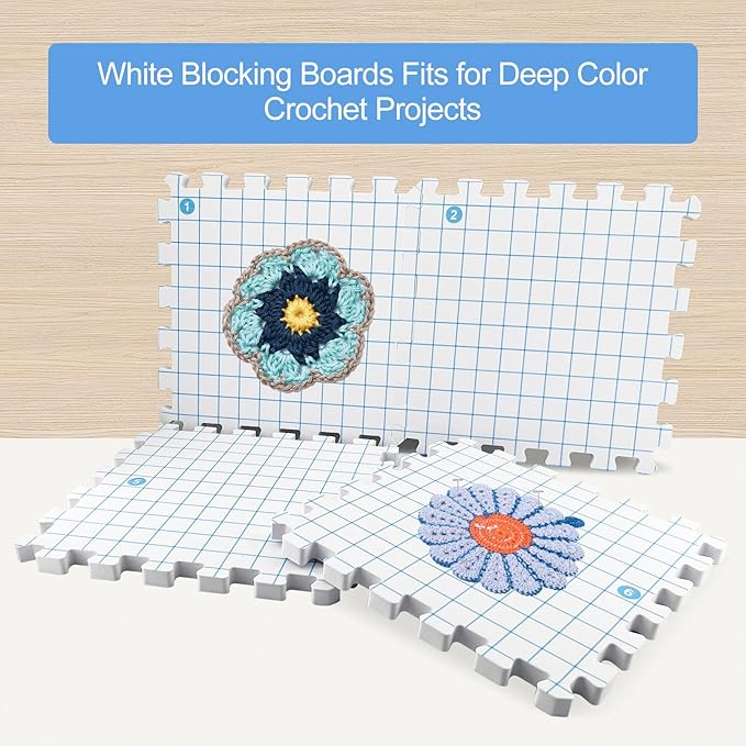 MEVOME Blocking Mats for Knitting 200 T-pins 100 Locking Stitch Markers, Extra Thick Block Boards Crochet Projects Grid Lines Needlepoint Knit Crocheting, 9 Foam Interlocking Mat Storage Bag (White)