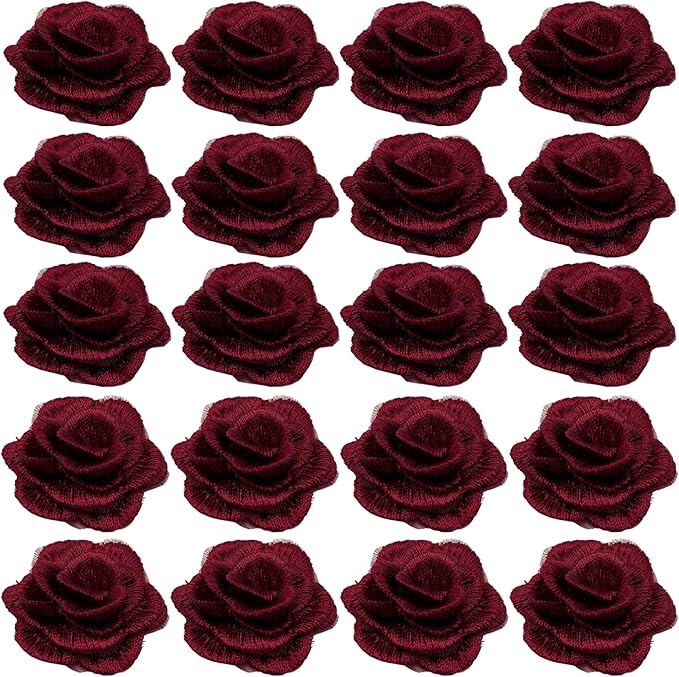 20pcs Flower Lace Applique Exquisite 3D Embroidery Floral Sew On Patches for Wedding Bridal Dress Clothes Repairing Hair Ornaments Sewing Craft DIY (Wine Red)