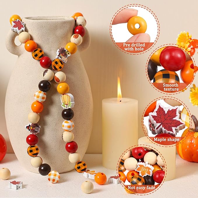 Huwena 200 Pieces Thanksgiving Wooden Beads Buffalo Plaid Wood Fall Beads Turkey Pumpkin Maple Leaf Wooden Bead Natural Round Spacer Bead for DIY Crafts Decor