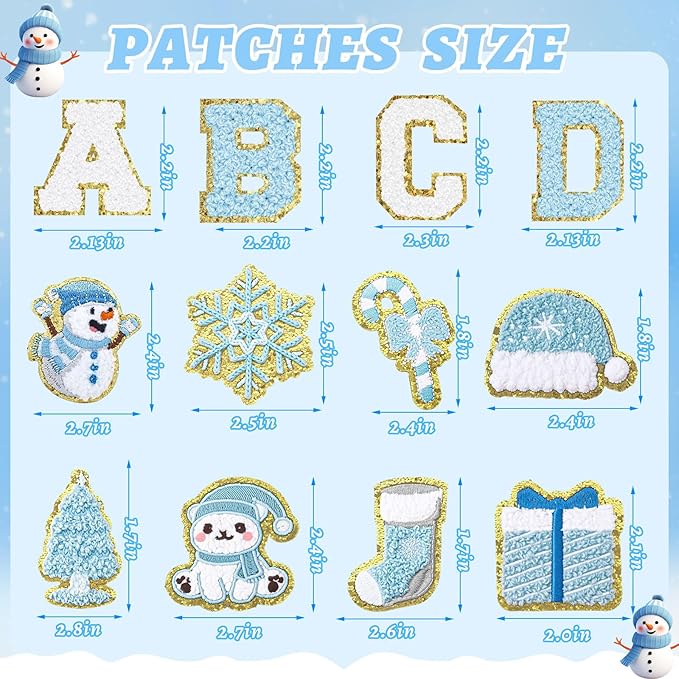 72 Pcs Winter Stickers Patches Snowflake Chenille Christmas Patches Self Adhesive Embroidered,Include 52 A-Z Letters Patch,20 Snowman Gloves Penguin Stick on Patch for Trucker Hats Backpacks Bags