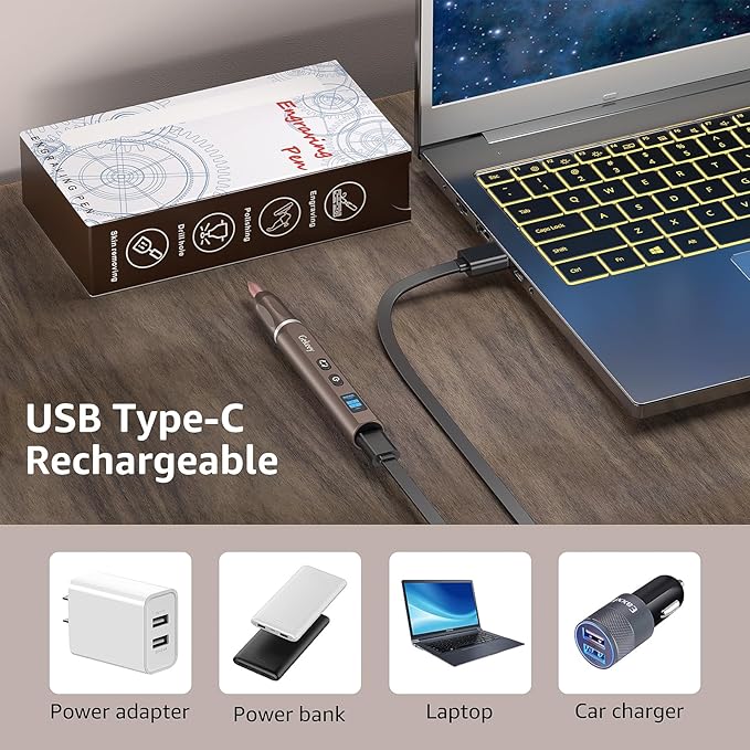 Gekeey Electric Engraving Pen, Cordless Rechargeable Mini Rotary Tool with 42 Bits, Aluminum Body, Variable Speed, Portable Engraver Pen for Metal Wood Glass and Plastic, Brown